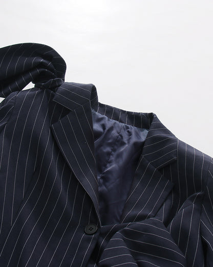 Navy Pinstripe Asymmetric Pleated Bow Long Jacket