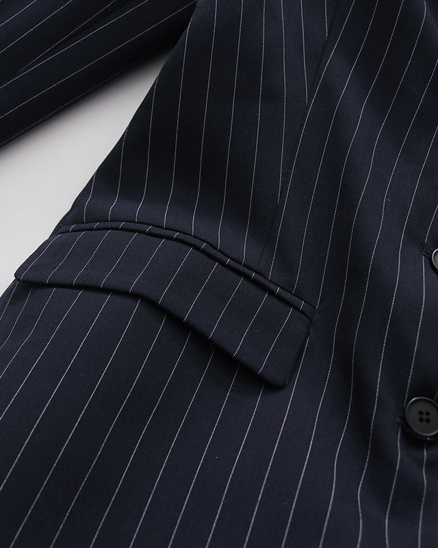 Navy Pinstripe Asymmetric Pleated Bow Long Jacket