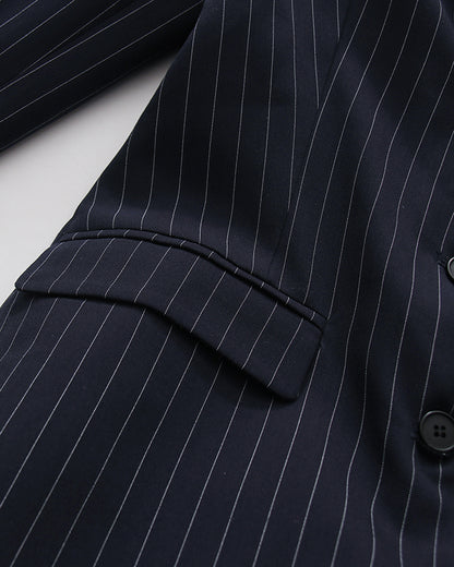 Navy Pinstripe Asymmetric Pleated Bow Long Jacket