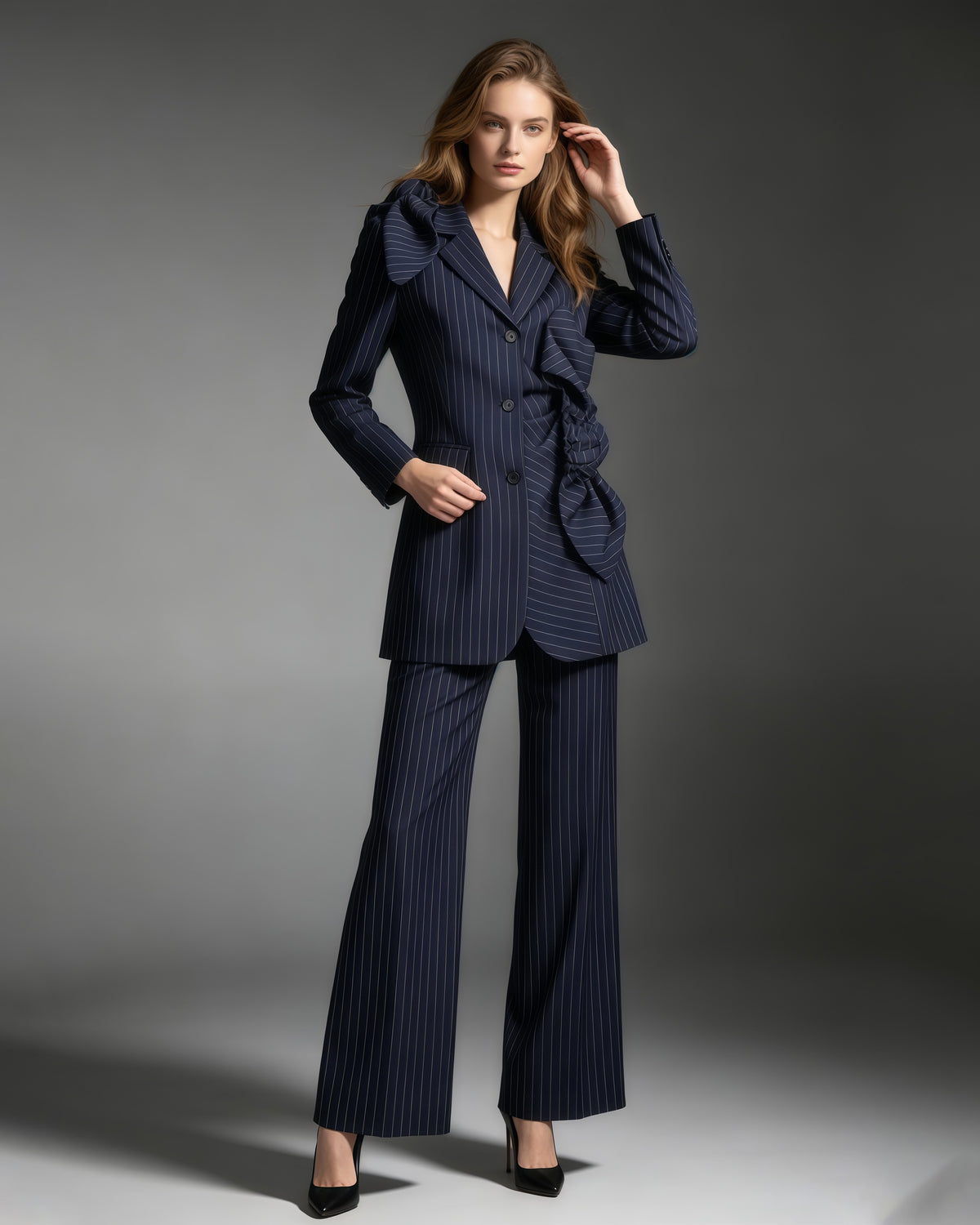 Navy Pinstripe Asymmetric Pleated Bow Long Jacket