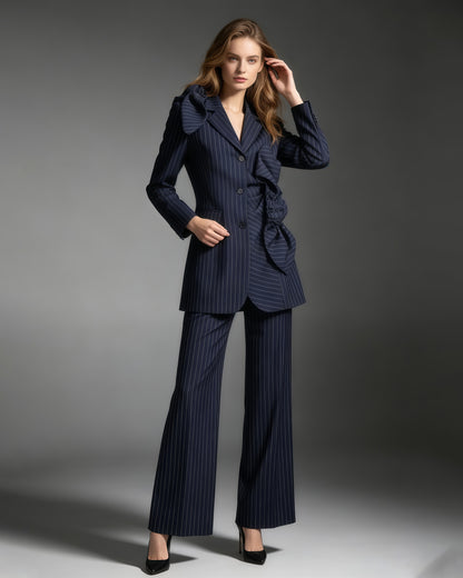 Navy Pinstripe Asymmetric Pleated Bow Long Jacket