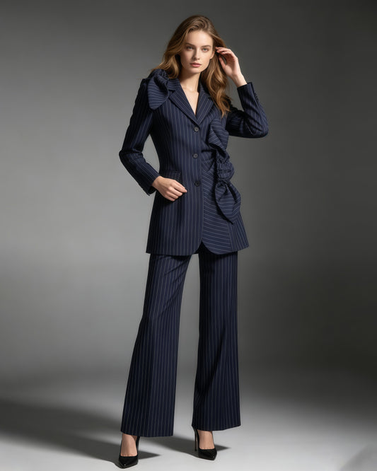 Navy Pinstripe Asymmetric Pleated Bow Long Jacket