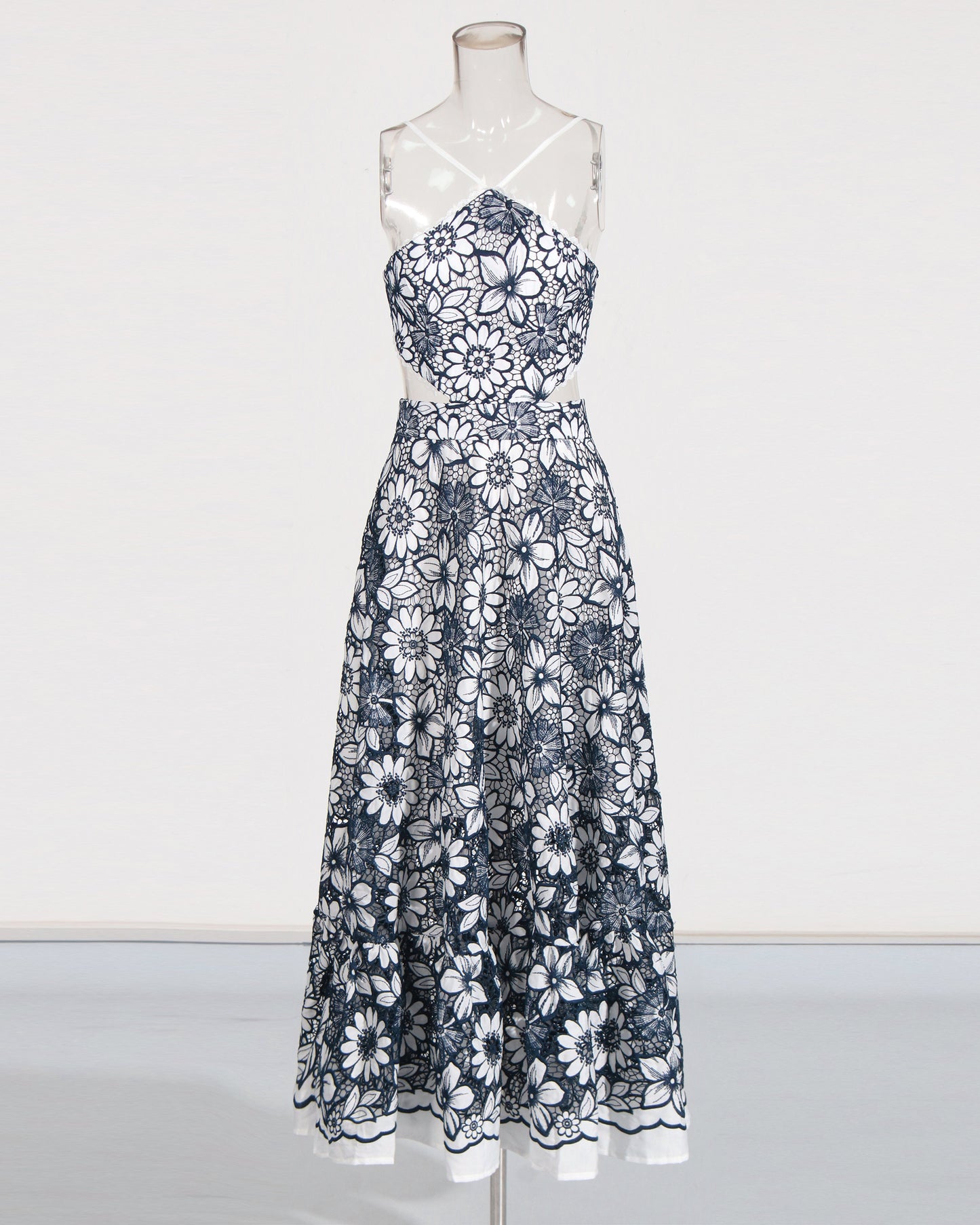 Navy & White Floral Lace Halter Midi Dress