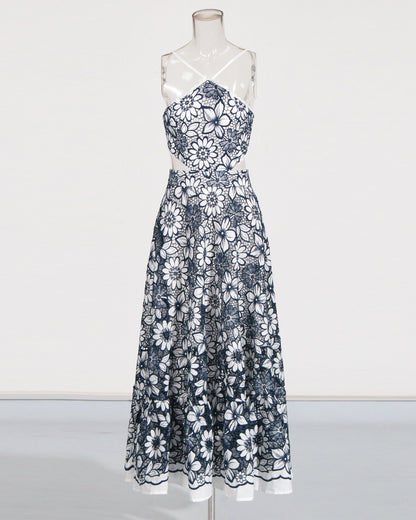 Navy & White Floral Lace Halter Midi Dress