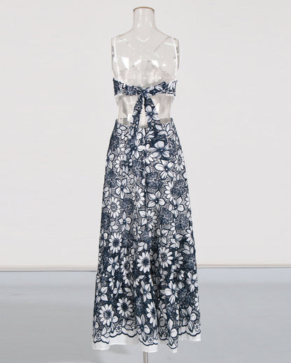 Navy & White Floral Lace Halter Midi Dress