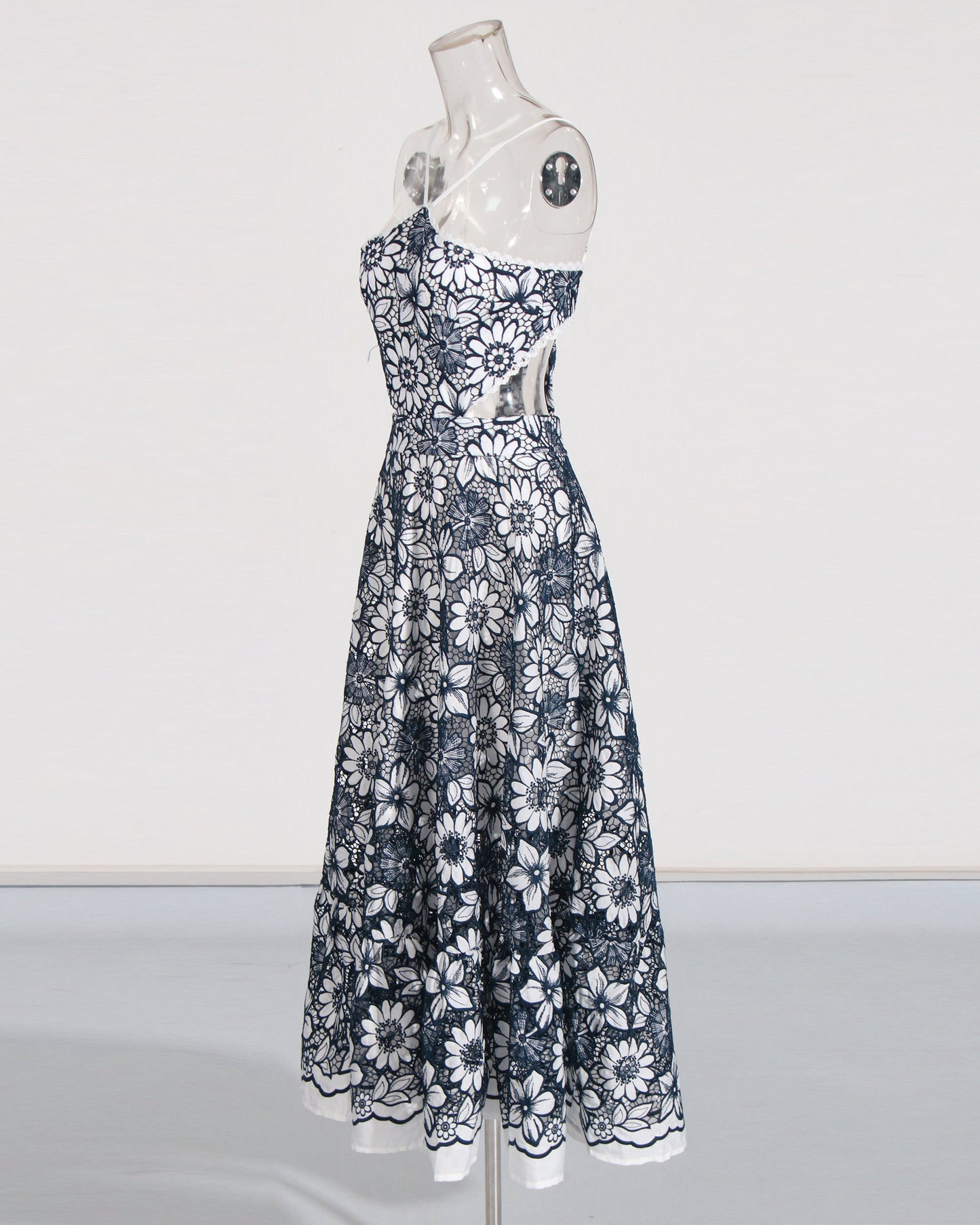 Navy & White Floral Lace Halter Midi Dress