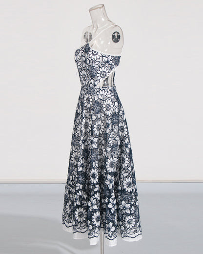 Navy & White Floral Lace Halter Midi Dress