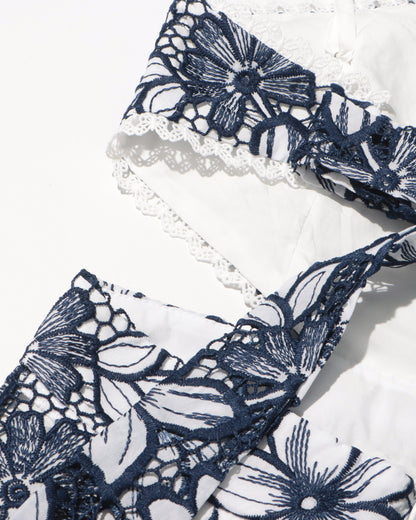 Navy & White Floral Lace Halter Midi Dress