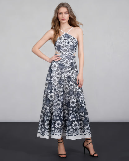 Navy & White Floral Lace Halter Midi Dress