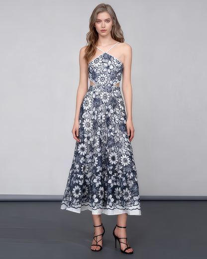 Navy & White Floral Lace Halter Midi Dress