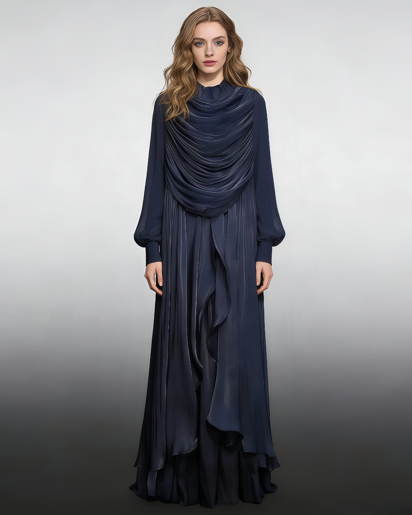 Navyblue Draped Ruffled Asymmetrical Maxi Gown