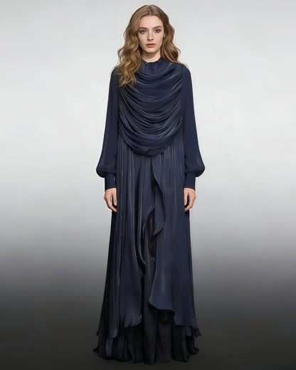 Navyblue Draped Ruffled Asymmetrical Maxi Gown