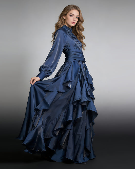 Navyblue Shiny Ruffled Maxi Dress with High Neck & Tie Cuffs