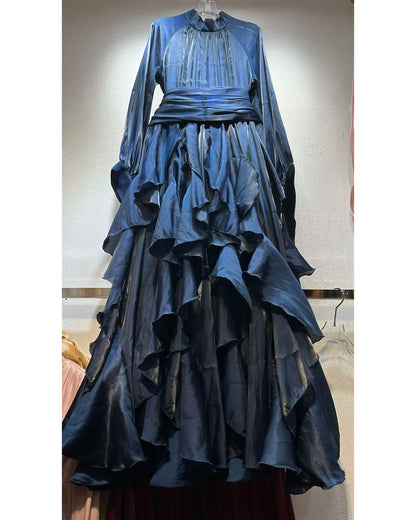 Navyblue Shiny Ruffled Maxi Dress with High Neck & Tie Cuffs