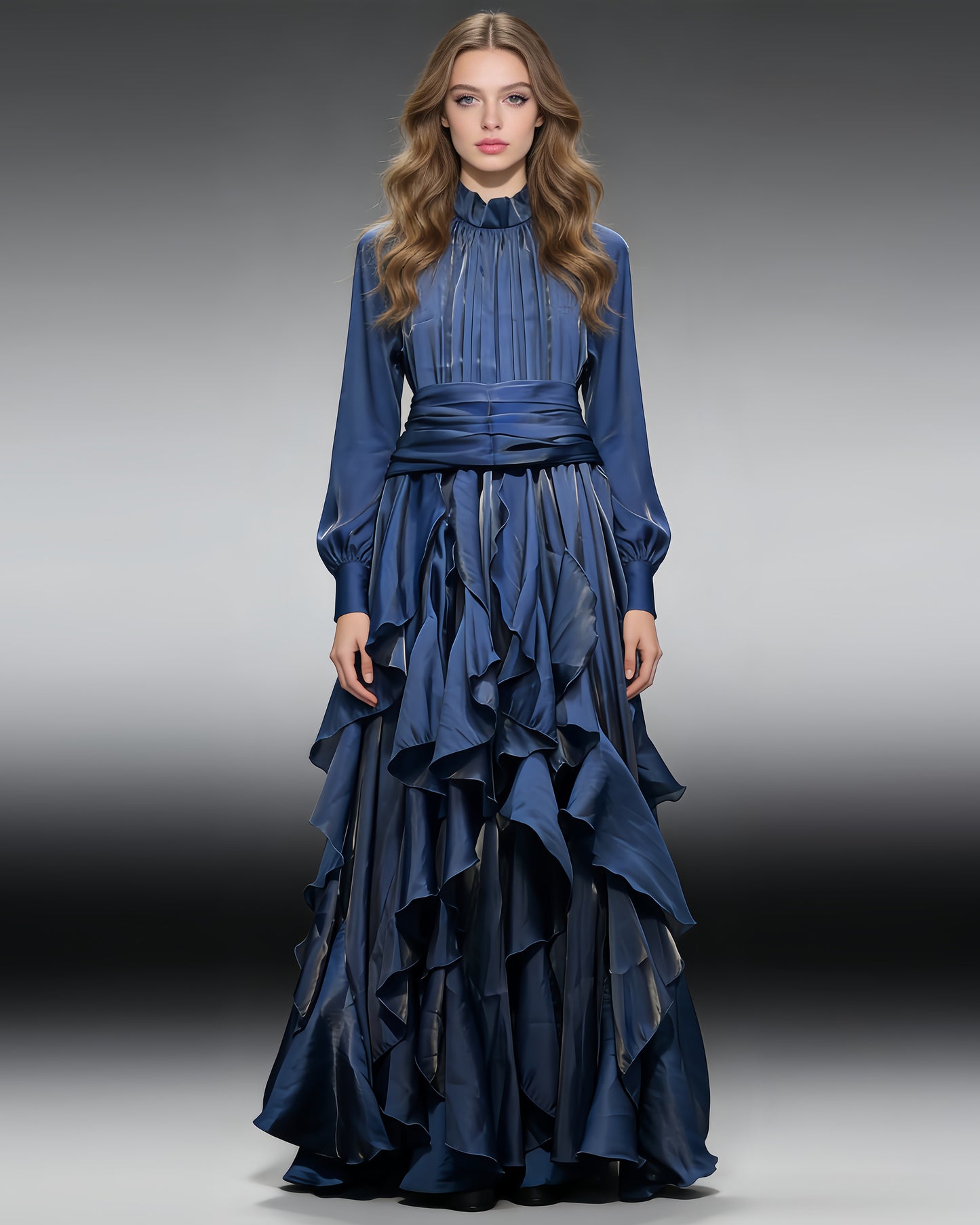 Navyblue Shiny Ruffled Maxi Dress with High Neck & Tie Cuffs