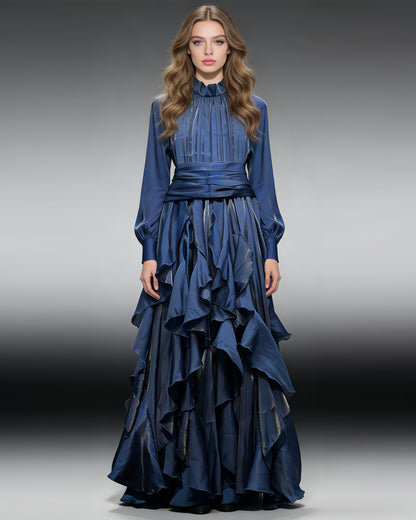 Navyblue Shiny Ruffled Maxi Dress with High Neck & Tie Cuffs