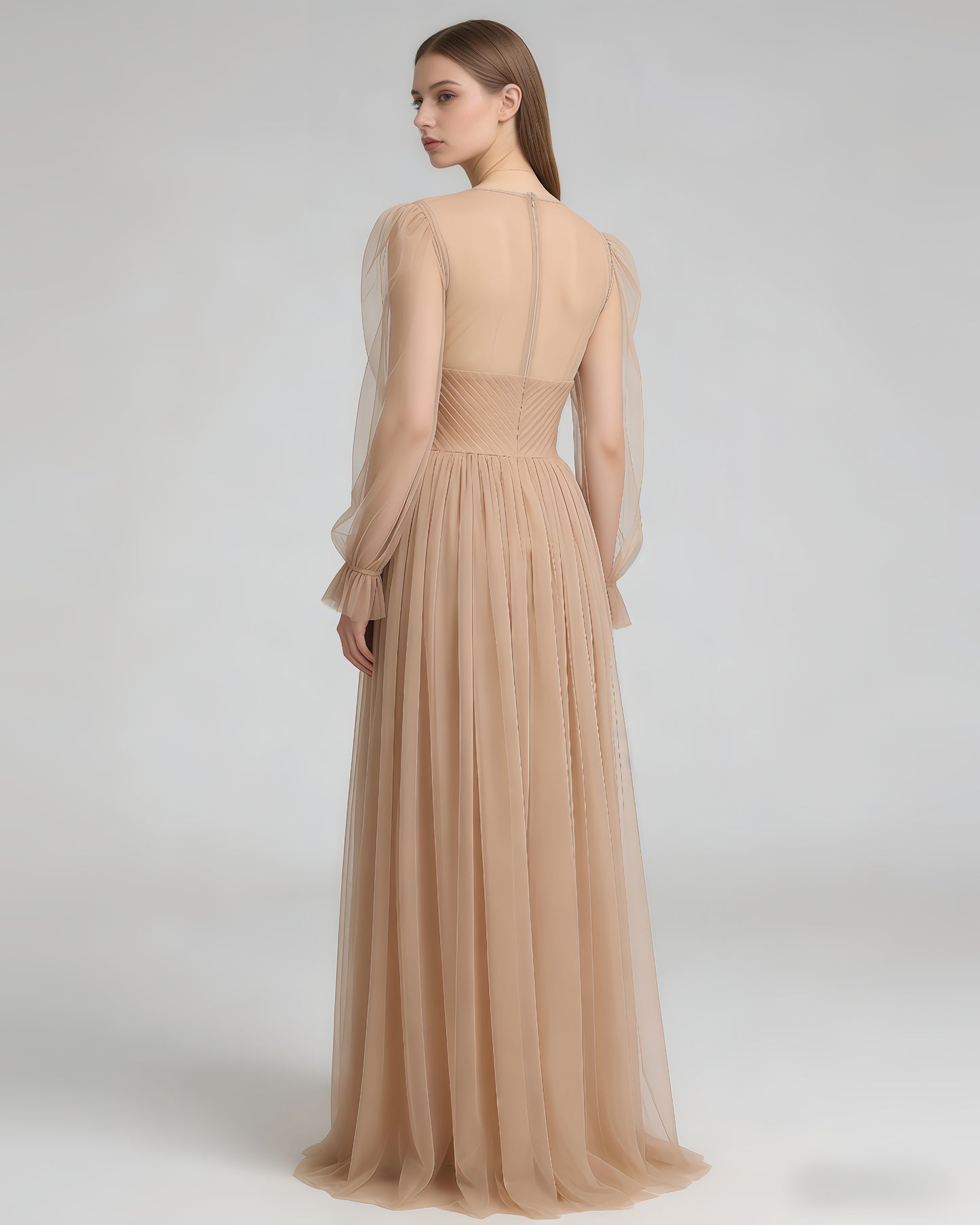 Nude 3D Floral Puff Sleeve Tulle Maxi Dress