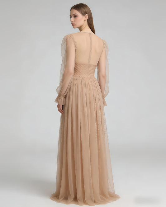 Nude 3D Floral Puff Sleeve Tulle Maxi Dress