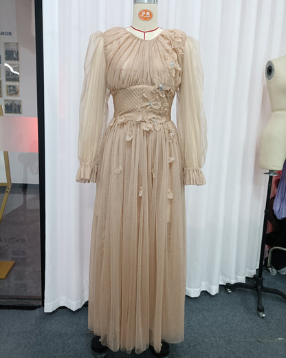 Nude 3D Floral Puff Sleeve Tulle Maxi Dress