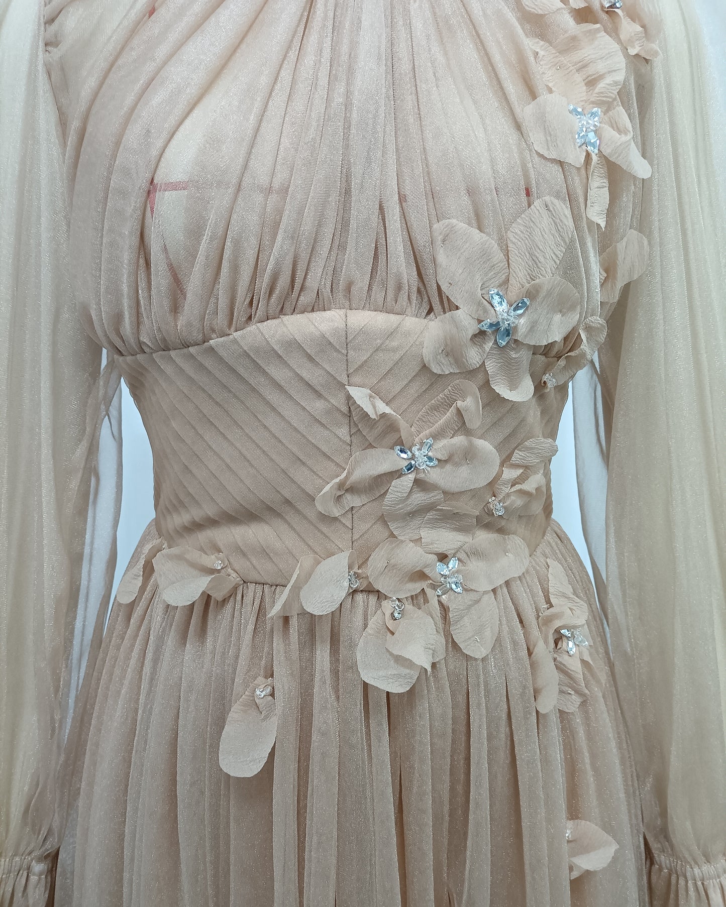 Nude 3D Floral Puff Sleeve Tulle Maxi Dress