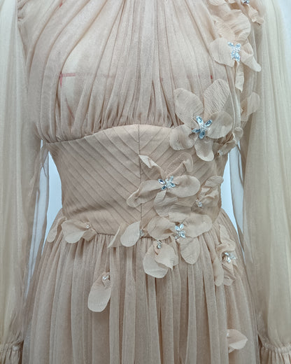 Nude 3D Floral Puff Sleeve Tulle Maxi Dress