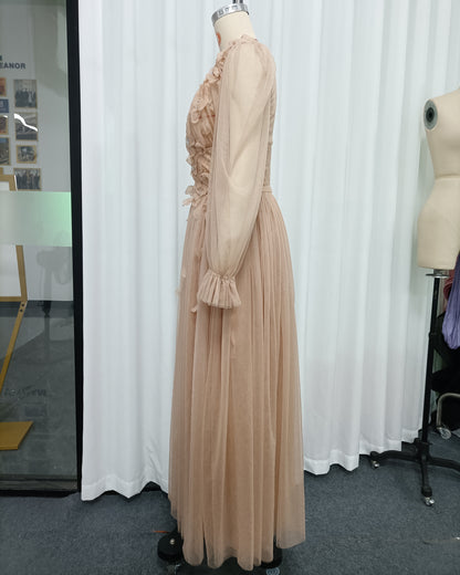 Nude 3D Floral Puff Sleeve Tulle Maxi Dress