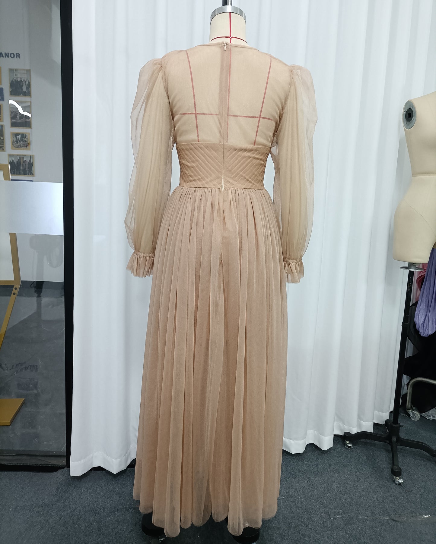 Nude 3D Floral Puff Sleeve Tulle Maxi Dress