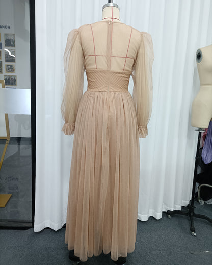 Nude 3D Floral Puff Sleeve Tulle Maxi Dress