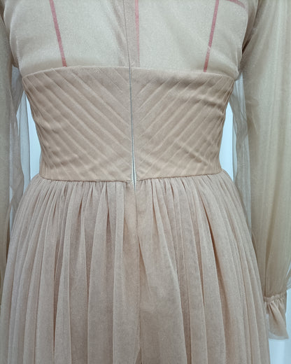 Nude 3D Floral Puff Sleeve Tulle Maxi Dress