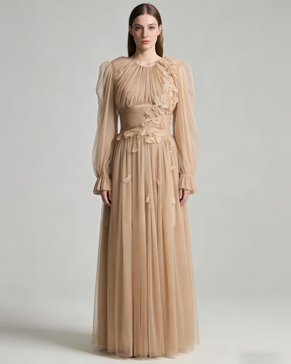 Nude 3D Floral Puff Sleeve Tulle Maxi Dress