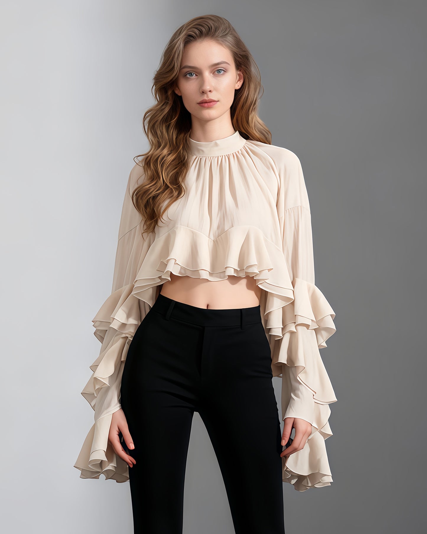 Nude Pink Ruffled Chiffon Blouse with Tiered Bell Sleeves