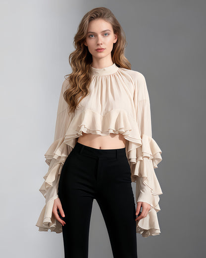 Nude Pink Ruffled Chiffon Blouse with Tiered Bell Sleeves