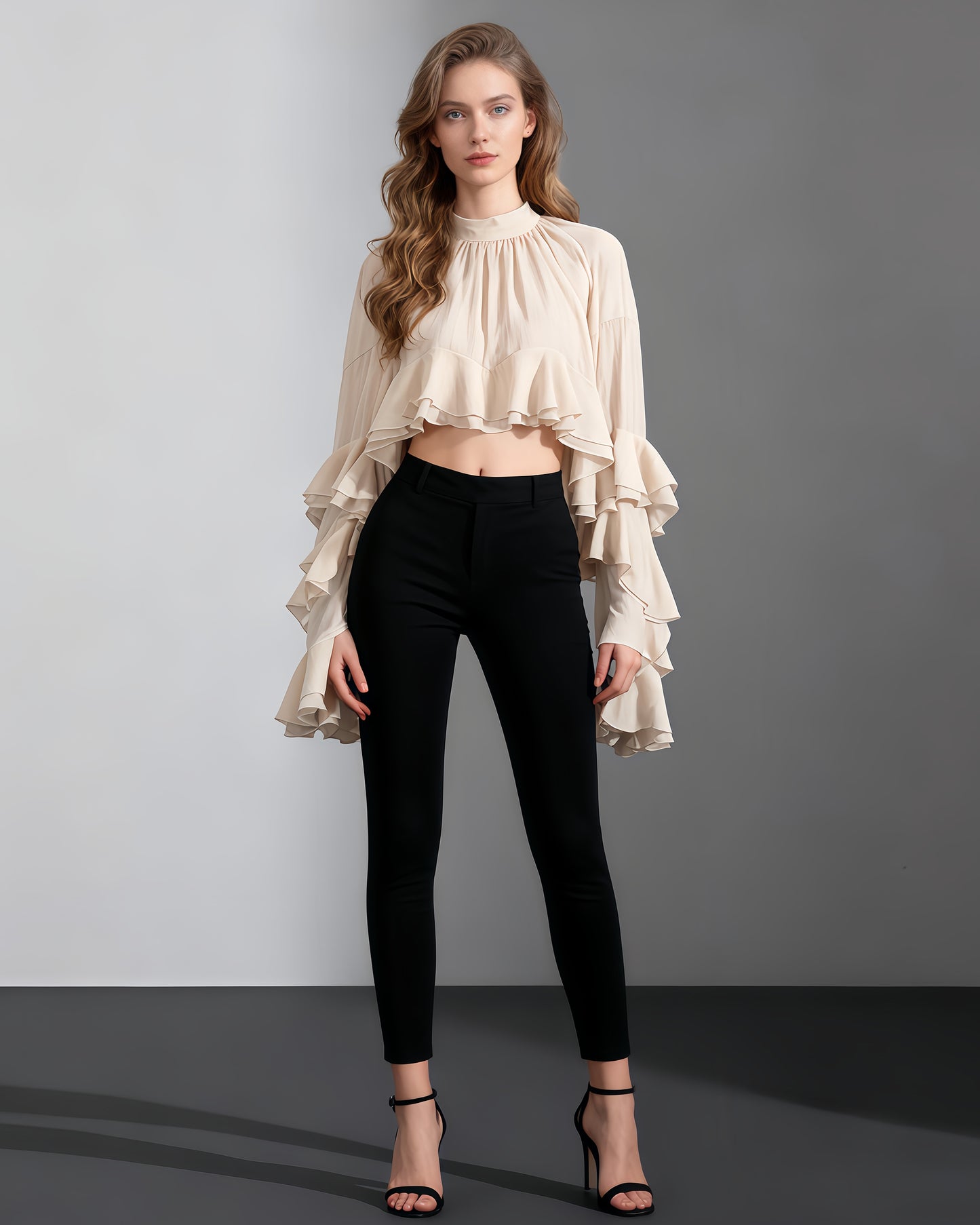 Nude Pink Ruffled Chiffon Blouse with Tiered Bell Sleeves