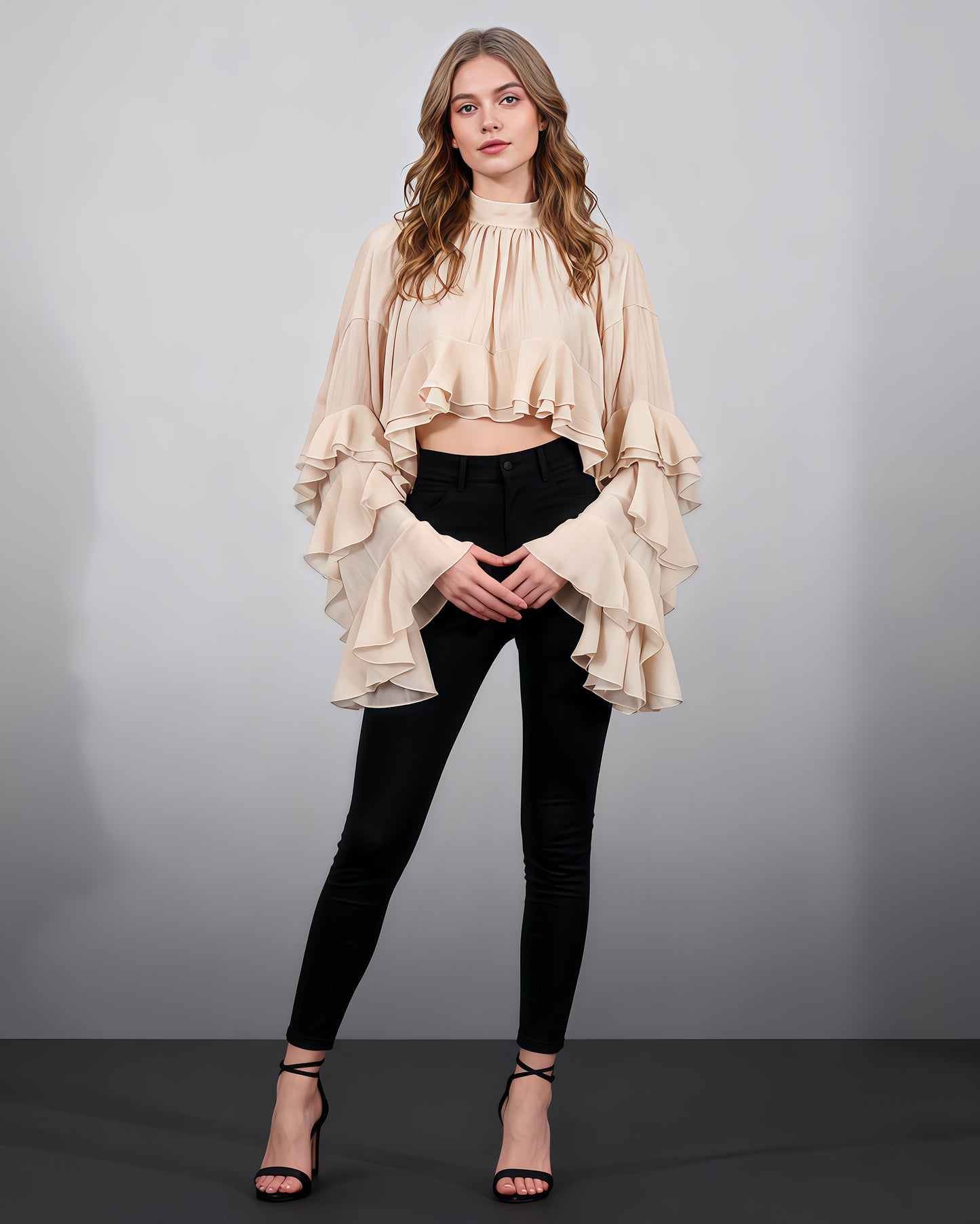 Nude Pink Ruffled Chiffon Blouse with Tiered Bell Sleeves