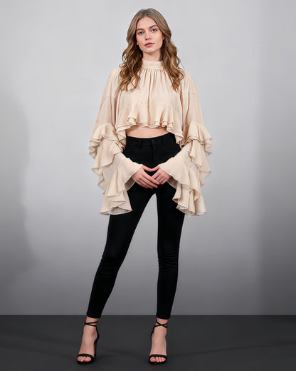 Nude Pink Ruffled Chiffon Blouse with Tiered Bell Sleeves