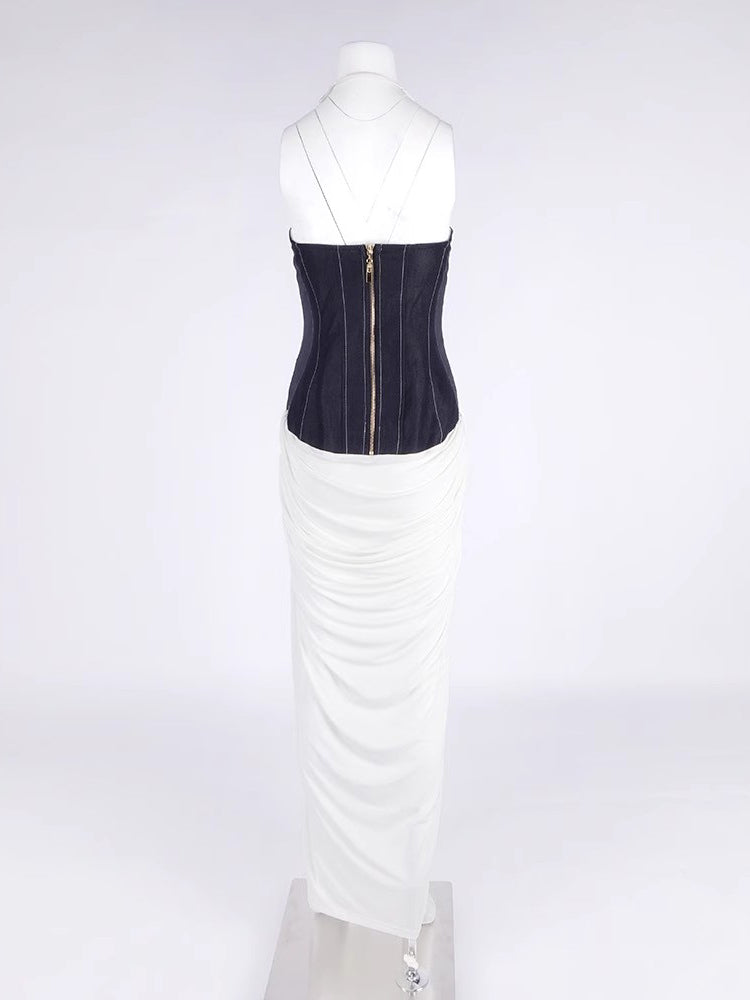 Hit Color V-neck Sleeveless Long Dress
