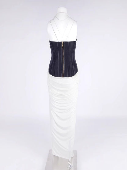 Hit Color V-neck Sleeveless Long Dress
