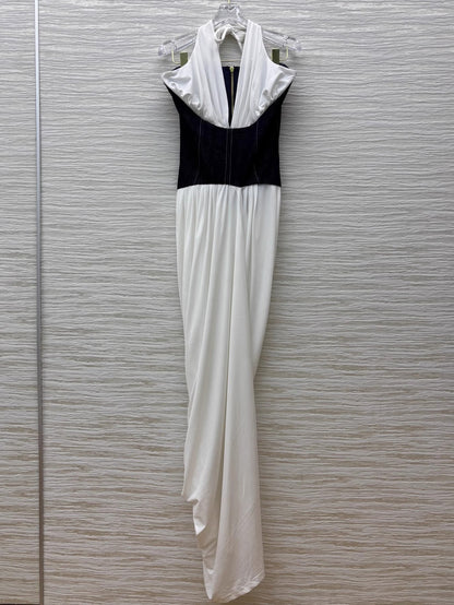 Hit Color V-neck Sleeveless Long Dress
