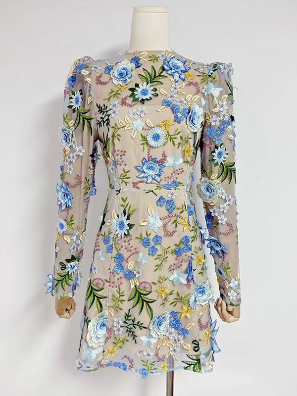 Mesh Patchwork Flower Short Dress