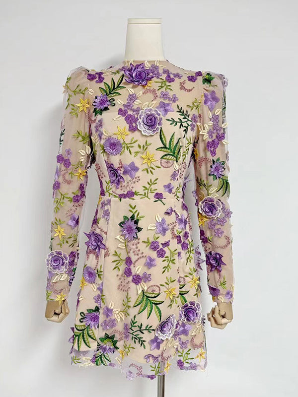 Mesh Patchwork Flower Short Dress