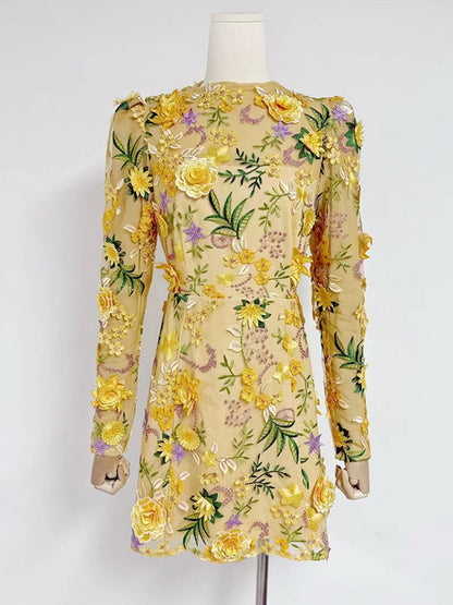 Mesh Patchwork Flower Short Dress