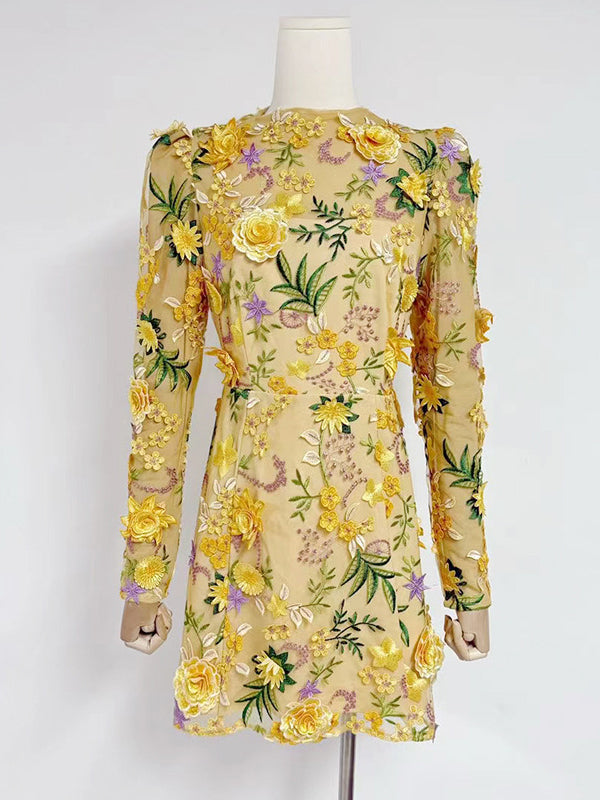 Mesh Patchwork Flower Short Dress