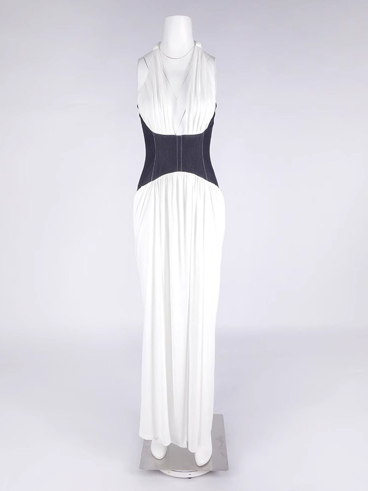 Hit Color V-neck Sleeveless Long Dress