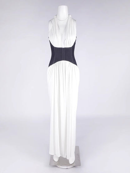 Hit Color V-neck Sleeveless Long Dress