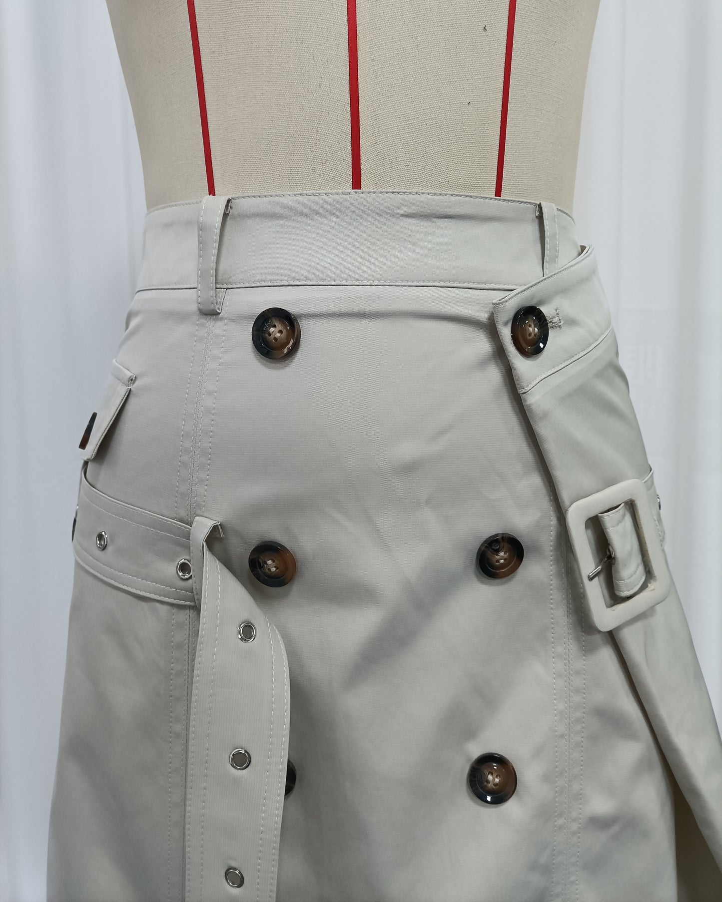 Oatmeal Double Breasted Asymmetric Belt Midi Skirt