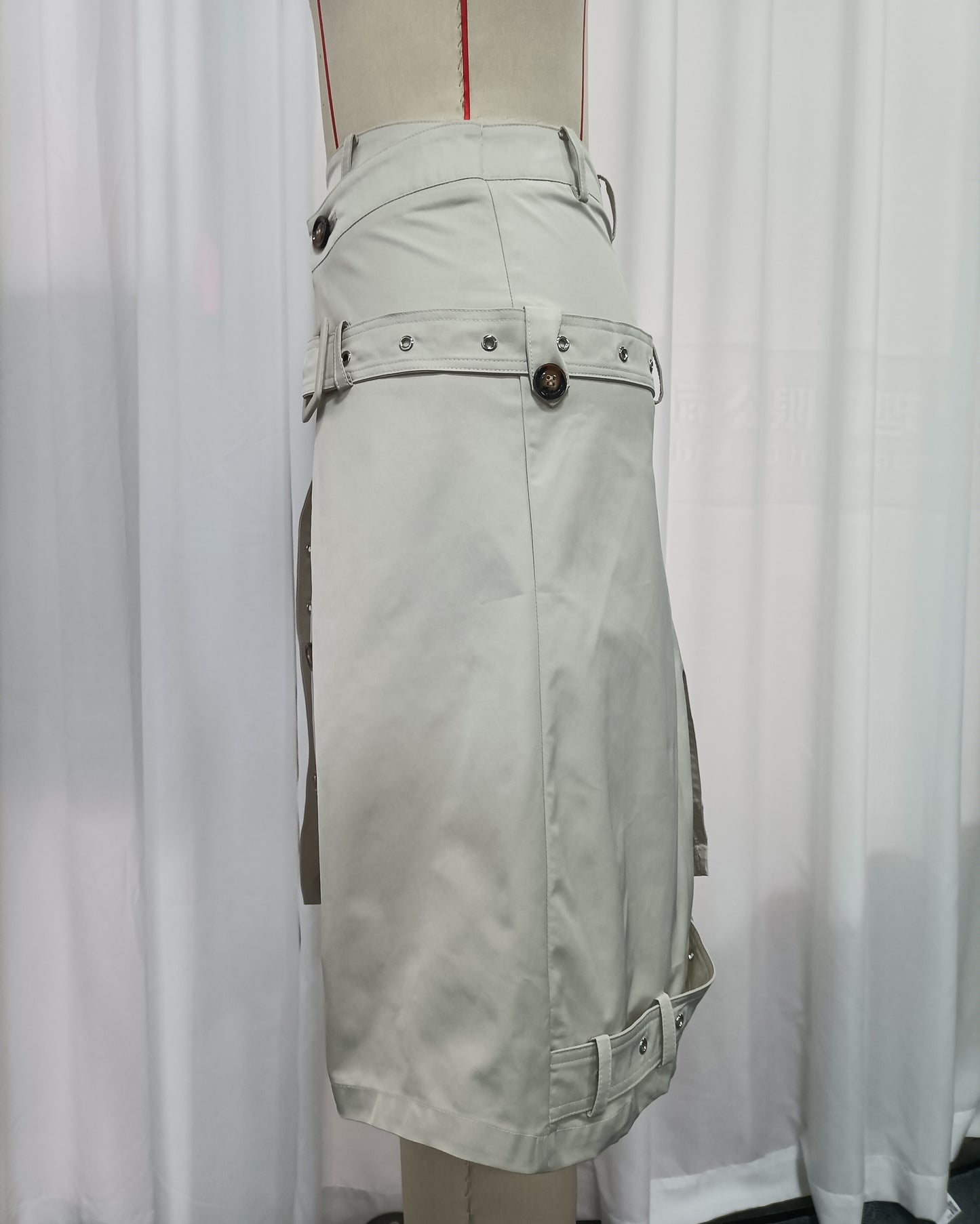Oatmeal Double Breasted Asymmetric Belt Midi Skirt