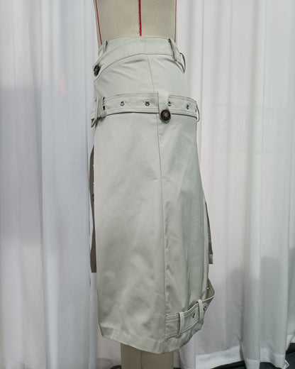 Oatmeal Double Breasted Asymmetric Belt Midi Skirt