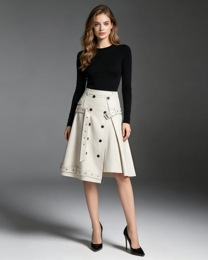 Oatmeal Double Breasted Asymmetric Belt Midi Skirt