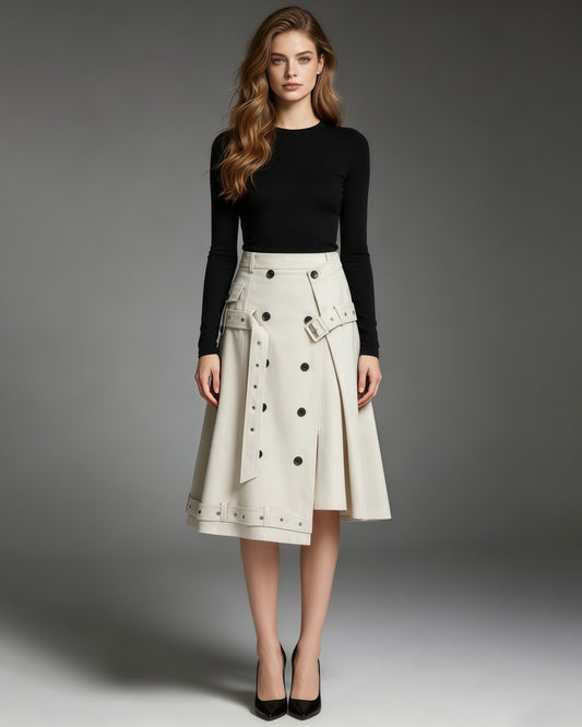 Oatmeal Double Breasted Asymmetric Belt Midi Skirt