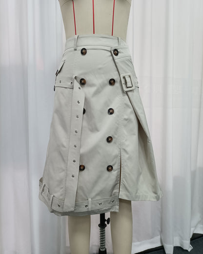 Oatmeal Double Breasted Asymmetric Belt Midi Skirt